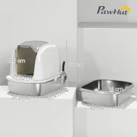 PawHut Litière pour Chats en Acier Inoxydable XL avec Couvercle Abattant Côtés Hauts Entrée Supérieure Pelle Blanc(m-3)