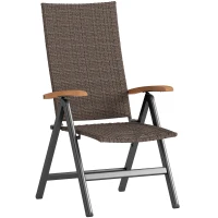 Outsunny Folding Rattan Garden Dining Chair with 5-level Reclining High Back, Wood Armrests for Outdoor, Patio - Brown(m-1)