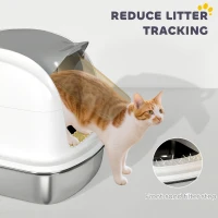 PawHut Litière pour Chats en Acier Inoxydable XL avec Couvercle Abattant Côtés Hauts Entrée Supérieure Pelle Blanc(m-4)