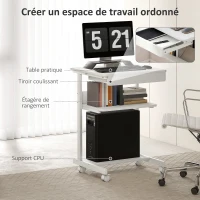 HOMCOM Bureau d'ordinateur sur roues, bureau avec rangement 56 x 51 cm avec tiroir, compartiment et support CPU, blanc(m-4)