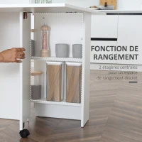 HOMCOM Table pliante de cuisine salle à manger amovible sur roulettes 75L x 140l x 74H cm 2 étagères intégrées en bois coloris blanc(m-5)