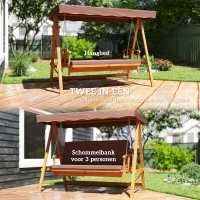 Outsunny Hollywoodschommel met Zonnedak, Echthouten Tuinschommel, Schommelbank met Ligfunctie, Voor 3 Personen, Bruin(m-4)