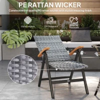 Outsunny Folding Rattan Garden Dining Chair with 5-level Reclining High Back, Wood Armrests for Outdoor, Patio - Light Grey(m-6)