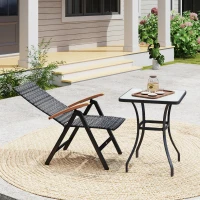 Outsunny Folding Rattan Garden Dining Chair with 5-level Reclining High Back, Wood Armrests for Outdoor, Patio - Mixed-grey(m-8)