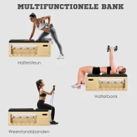 HOMCOM Halterbank met halterrek, 1 opbergmand, verstelbaar in 6 posities, massief hout, naturel + zwart(m-4)