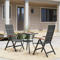 Outsunny 2 Pieces Folding Rattan Garden Dining Chairs with 5-level Reclining High Back, Wood Armrests for Outdoor - Mixed-grey(m-9)