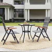 Outsunny 2 Pieces Folding Rattan Garden Dining Chairs with 5-level Reclining High Back, Wood Armrests for Outdoor - Light Grey(m-9)