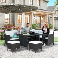 Outsunny Salon de jardin 8 pers. grand confort canapé d'angle + 2 poufs + table à manger 12 coussins assise & dossier fournis polyester écru résine tressée noire(m-2)