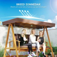 Outsunny Hollywoodschommel met Zonnedak, Echthouten Tuinschommel, Schommelbank met Ligfunctie, Voor 3 Personen, Bruin(m-5)