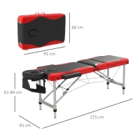 HOMCOM Foldable Massage Bed Portable Table, 3-Section Aluminium Foldable Beauty Couch, Professional Salon Spa Table with Headrest Support and Carry Bag, 60 cm Width, Black and Red(m-3)