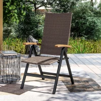 Outsunny Folding Rattan Garden Dining Chair with 5-level Reclining High Back, Wood Armrests for Outdoor, Patio - Brown(m-8)
