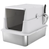 PawHut Bandeja de Arena para Gatos, Acero Inoxidable, Interior XL, con Pala, Gris Claro(m-1)