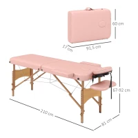 HOMCOM Camilla de Masaje Plegable con Reposacabezas Extraíble Asa Marco de Madera y Altura Regulable 210x81x67-92 cm Rosa(m-3)