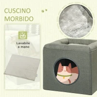 PawHut Casetta per Gatti a 2 Livelli con Cuscino in Peluche, in Legno, Poliestere e Plastica, 36.5x36.5x33 cm, Verde(m-5)