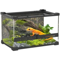 PawHut Reptile Glass Terrarium with Stone Background, Front Ventilation, Escape-Proof Knob Lock, 30 x 20 x 20 cm, Black(m-10)
