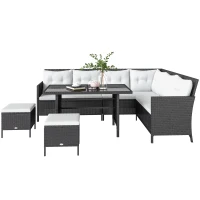 Outsunny Salon de jardin 8 pers. grand confort canapé d'angle + 2 poufs + table à manger 12 coussins assise & dossier fournis polyester écru résine tressée noire(m-6)