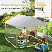 PawHut Perrera de Acero Galvanizado con Toldo Resistente y Estación de Alimentación para Perros 200x200x154 cm Plata(m-4)