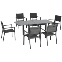 Outsunny Conjunto de Jardim Refeição de 7 Peças com Mesa Extensível e 6 Cadeiras Empilháveis 90-180x89x74cm Cinza(m-10)