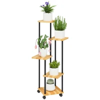 Outsunny Support à plantes à 5 niveaux pour intérieur et extérieur, étagère plante avec 4 roues  en acier et bois bois naturel(m-11)