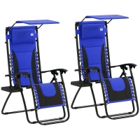 Outsunny Zero Gravity Lounger Chair Set of 2, Folding Reclining Patio Chair with Shade Cover, Cup Holder, Soft Cushion and Headrest for Poolside, Camping, Blue(m-1)