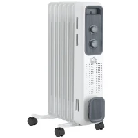 HOMCOM 1500W Oil Filled Radiator, 7 Fin, Portable Electric Heater with 3 Heat Settings, Safety Cut-Off and Wheels, White(m-1)
