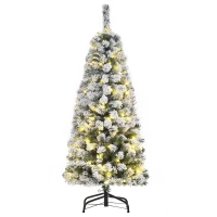 HOMCOM 4FT Prelit Artificial Snow Flocked Christmas Tree with Warm White LED Light, Holiday Home Xmas Decoration, Green White(m-9)