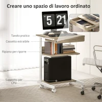 HOMCOM Scrivania PC con Cassetto Scorrevole, 2 Ripiani e 4 Rotelle, in Legno e Metallo, 56x51x79 cm, Bianco e Rovere(m-4)