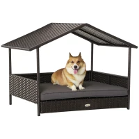 PawHut Wicker Dog Bed, Elevated Rattan Dog House with Removable Cushion and Canopy, for Small and Medium Dogs, 98 x 69 x 70cm - Grey(m-10)