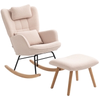 HOMCOM Fauteuil à Bascule avec Repose-Pieds, Revêtement en Peluche Douce, Pieds en Bois, Coussin, Dossier Haut, Fauteuil à Bascule, Beige
