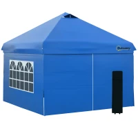 Outsunny Pavillon 3x3m Faltpavillon 4 Seitenwände mit Fenster Tür Festzelt Gartenzelt Pop-Up-Pavillon inkl. Heringe Abspannseile Tragetasche Metall Oxford Blau(m-1)