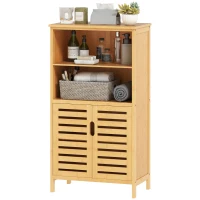 kleankin Meuble de rangement salle de bain en bambou avec 2 portes ajourées et 2 compartiments 50 x 29 x 92 cm naturel(m-11)