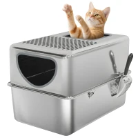 PawHut Katzenklo aus Edelstahl XL Katzentoilette mit Schaufel Doppelöffnungen Leicht zu reinigen Silber(m-6)