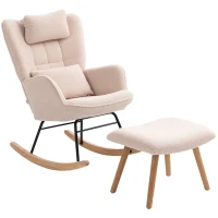 HOMCOM Sillón mecedora con reposapiés, cubierta de felpa suave, patas de madera, cojines, respaldo alto, sillón mecedor, Beige(m-7)