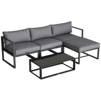Outsunny 5 Pieces Outdoor Patio Furniture Set, Sofa Couch with Glass Coffee Table, Cushioned Chairs and Aluminum Tube, for Balcony Garden Backyard, Grey(m-9)