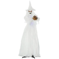 Outsunny 74 Inch Halloween Decorations White Witch Holding Pumpkin Head, Standing Skeleton Ghost Prop Life Size with Light Up Eyes and Body(m-1)