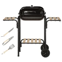 Outsunny Barbecue a Carbone con Coperchio, Ripiani e Ruote, Completo di Spatola, Pinza e Coltello, Nero(m-1)