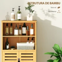 kleankin Armário Casa de Banho de Bambu Móvel Auxiliar Casa de Banho com 2 Portas 2 Prateleiras Abertas 50x29x92 cm Madeira(m-5)