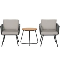 Outsunny Conjunto de Móveis de Jardim de Vime 3 Peças Incluí 1 Mesa de Centro e 2 Poltronas com Almofadas Acolchoadas Cinzento(m-10)