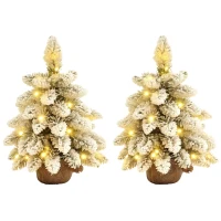 HOMCOM 1.5ft Mini Artificial Christmas Trees with Lights Set of 2, Snow Flocked Tabletop Christmas Trees with Base, Battery Operated, Desktop Party Decoration(m-10)