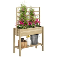 Outsunny Jardinière sur pieds, carré potager de jardin sur pieds avec treillis et étagère, en bois, 88 x 37 x 137 cm bois naturel(m-11)
