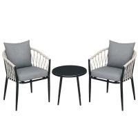 Outsunny Salon de jardin 2 personnes 3 pièces 2 fauteuils avec coussins table basse ronde plateau verre trempé corde tressée gris(m-1)