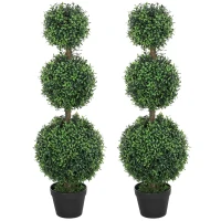 HOMCOM Set di 2 alberi artificiali 101,6 cm 3 boules di bosso topiario pianta finta verde PE con vaso interno ed esterno(m-6)