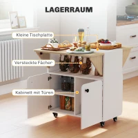 HOMCOM Klapptisch Rollschrank, zwei klappbare Tischseiten, Schrankfach, 4 Rollen, Weiß+Naturholz, 70 x 83 x 75cm(m-6)