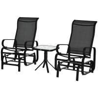 Outsunny 3 Pieces Garden Gliding Chair Set, Metal Frame 2 Single Armchair Swing Seater and 1 Glass Top Coffee Table w/ Breath Mesh Fabric Seat, Black