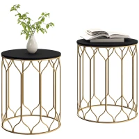 Outsunny Round Coffee Table Set of 2, Modern Nesting Tables with Ceramic Tile Top, Small End Tables, Indoor Outdoor Side Table with Metal Frame for Living Room, Bedroom, Patio, Balcony, Black(m-10)