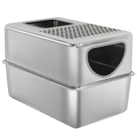 PawHut Litière en Acier Inoxydable XL pour Chats Bac à Litière avec Pelle Ouvertures Doubles Facile à nettoyer Argent(m-1)