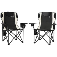 Outsunny Set of 2 Folding Camping Chairs, Padded Camping Chairs with Adjustable Armrests, Portable & Lightweight Folding Camp Chair with Cooler Bag, Cup Holder and Side Pockets, Black(m-10)