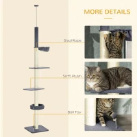 PawHut 240-270cm Floor-To-Ceiling Cat Tree, 5 Tier Cat Climbing Tower, with Bed, Hammock, Platforms, Dark Grey and Cream(m-6)