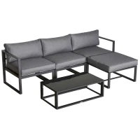 Outsunny 5 Pieces Outdoor Patio Furniture Set, Sofa Couch with Glass Coffee Table, Cushioned Chairs and Aluminum Tube, for Balcony Garden Backyard, Grey(m-1)