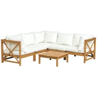 Outsunny 6 PCS Elegant Wood Frame Outdoor Patio Dining Set w/ Cushions Coffee Table Garden Furniture Sofa Comfort Balcony Patio Cream White(m-9)